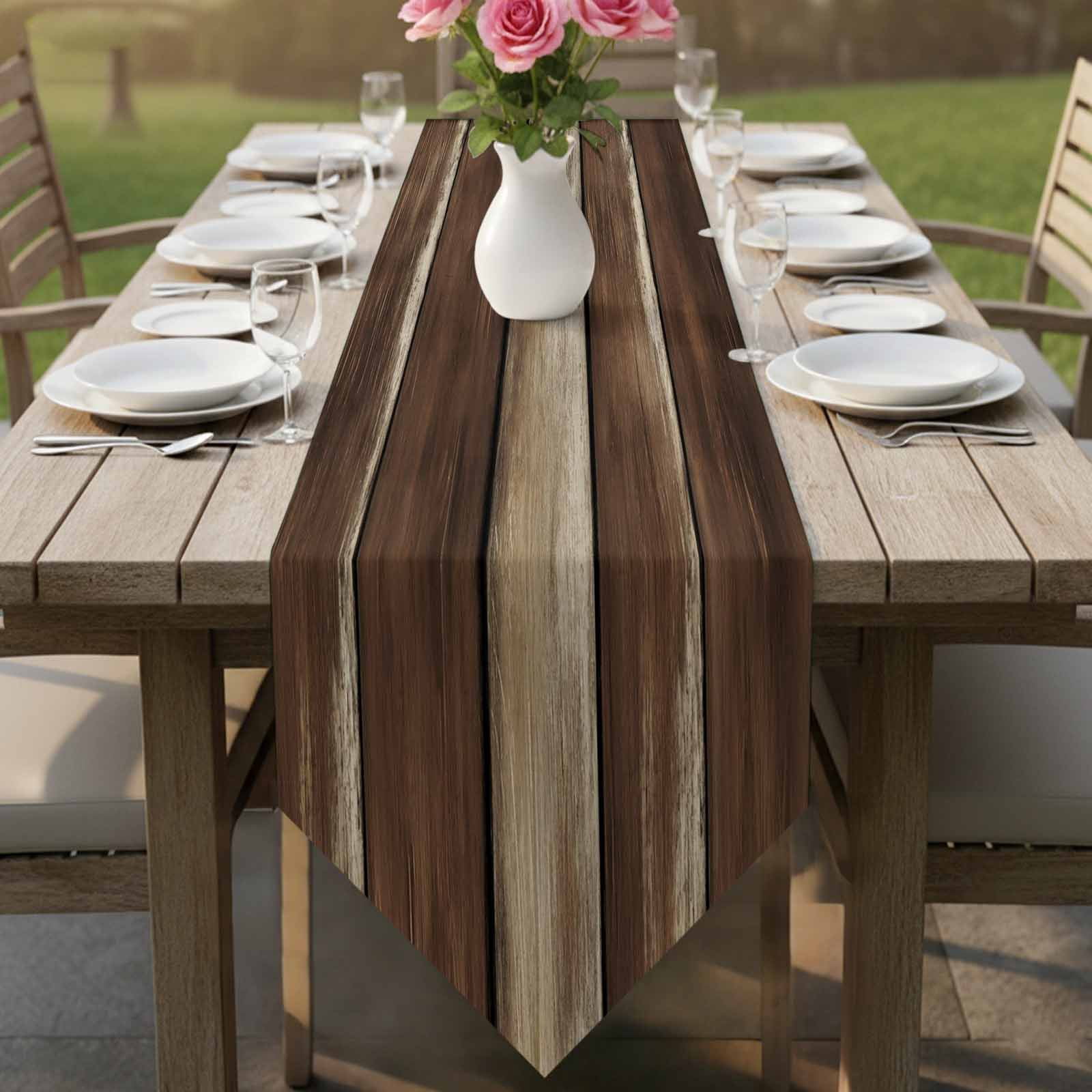 Table Runners 72 Inches Long, Brown Wooden Cotton Linen Kitchen Dining Coffee Table Runner for Party Home Decor, Vintage Farmhouse Retro Art Tabletop Dresser Scarves Runner Decor 13x72 Inch