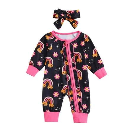 

GXFC Infant Girls Halloween Onesie Clothes 6M 9M 12M 18M Newborn Girls Long Sleeve Zipper Pumpkin Ghost Jumpsuits Bodysuit Babysuit with Headband for Baby Girls