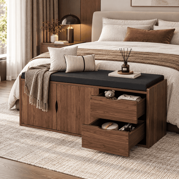 Paasyonmate 40" Storage Bench with Padded Seat, 2-Tier Cushion Shoe Bench with 2 Drawers and Adjustable Shelves for Entryway, Bedroom,Walnut Oak