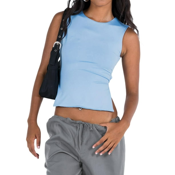 Lucakuins Camiseta sin mangas para mujer, cuello redondo, sin espalda, con cordones, chaleco de verano para fiesta en el club Lucakuins moda