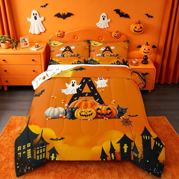 Homewish Halloween ABC Print A Full Size Comforter Sets,Cartoon Pumpkin Lantern Bedding Comforter Set,Halloween Reversible,3-Piece,1 Comforter and 2 Pillowcases