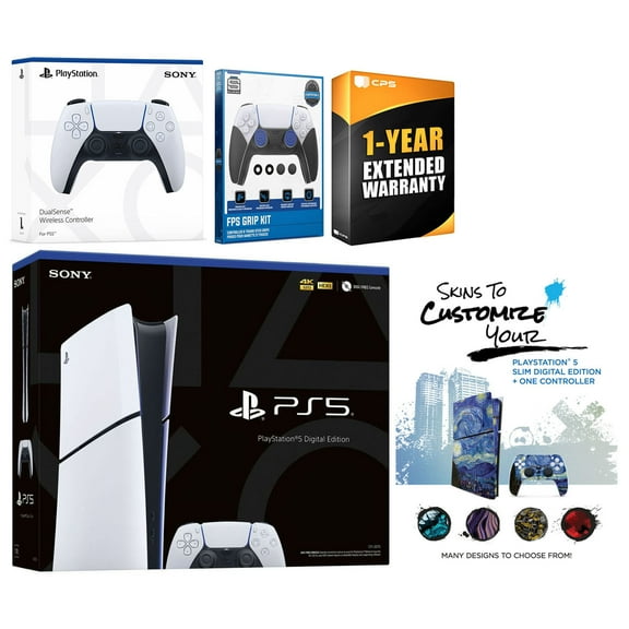 Sony Playstation 5 Slim Digital with Extra White Controller, FPS Grip Kit and MightySkins Decal Voucher Plus 1 Year CPS Extended Warranty