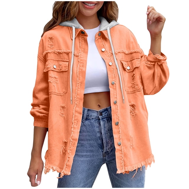 RXMEKW Womens Shirts Casual, Solid Color Denim Jacket with Detachable Hood