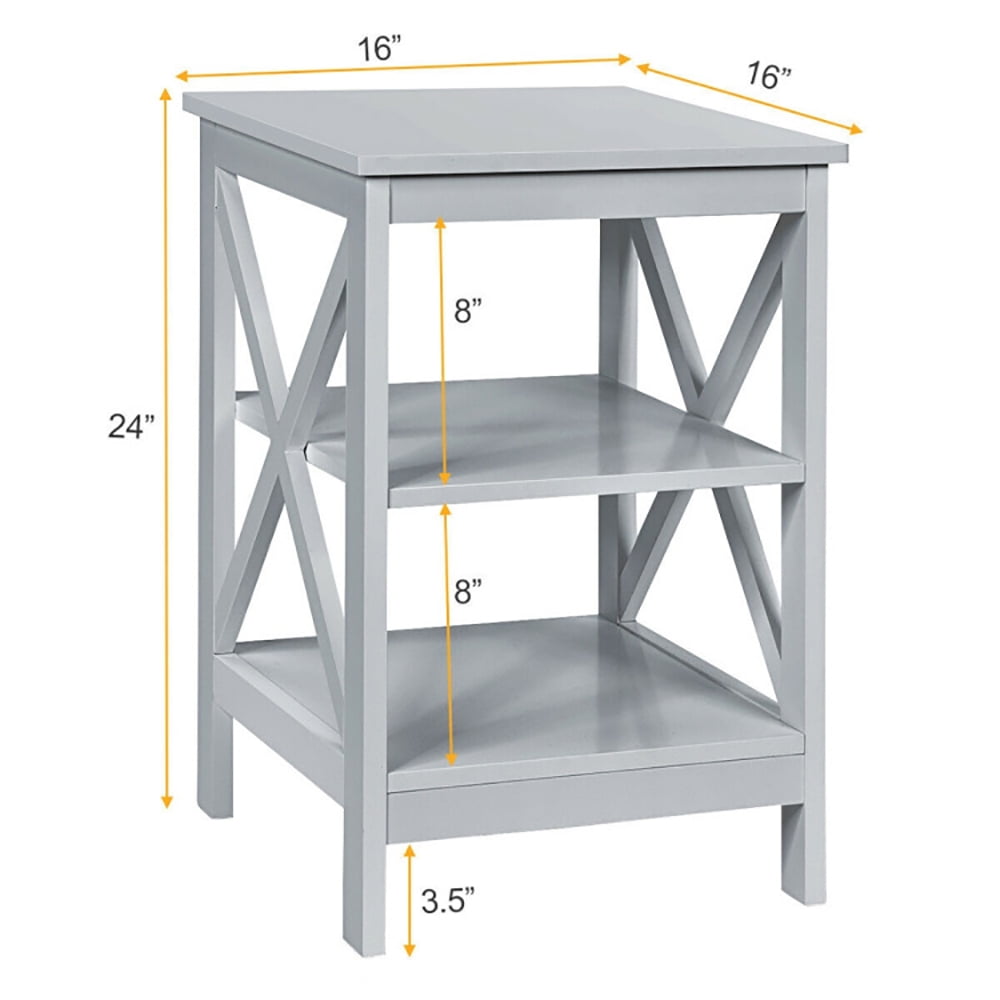 Finihen End Table, 3-Tier Nightstand End Table with X Design Storage, Bed Side Tables, for Living Room, Bedroom, Gray