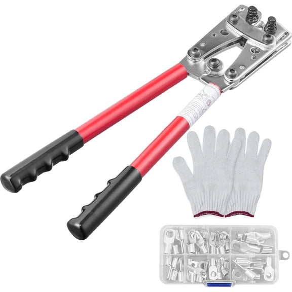 KFFKFF Crimping Tool, AWG10-1/0 Copper And Aluminum Terminal Battery Lug Crimper, 6 Wire Sizes Crimping Die for Standard AWG, Crimp Pliers with a Pair Of Gloves and 60 pcs Aluminum Ring Connectors