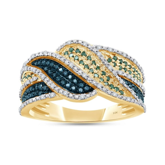 AFFY Blue, Green & White Natural Diamond Waves Ring in 10k Yellow Gold