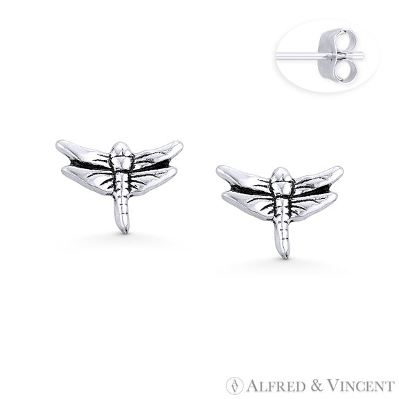 Dragonfly Insect Luck Charm Stud Earrings in Oxidized .925 Sterling Silver