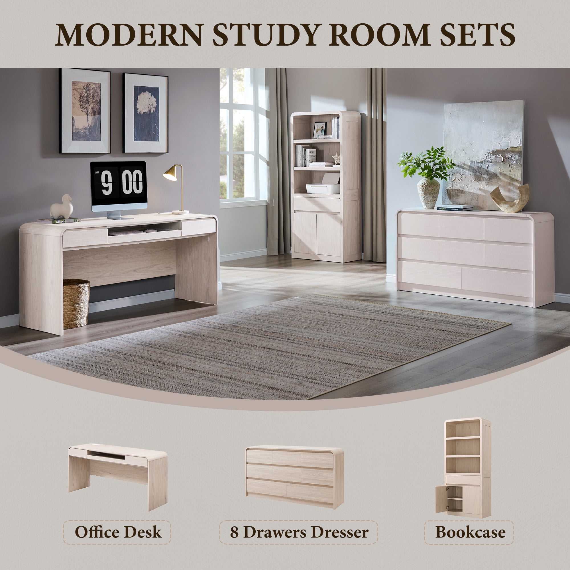 wow97e Modern Computer Desk with Storage Drawers, 57'' Large Executive Office Desk with Charging Station & Keyboard Tray for Home Office