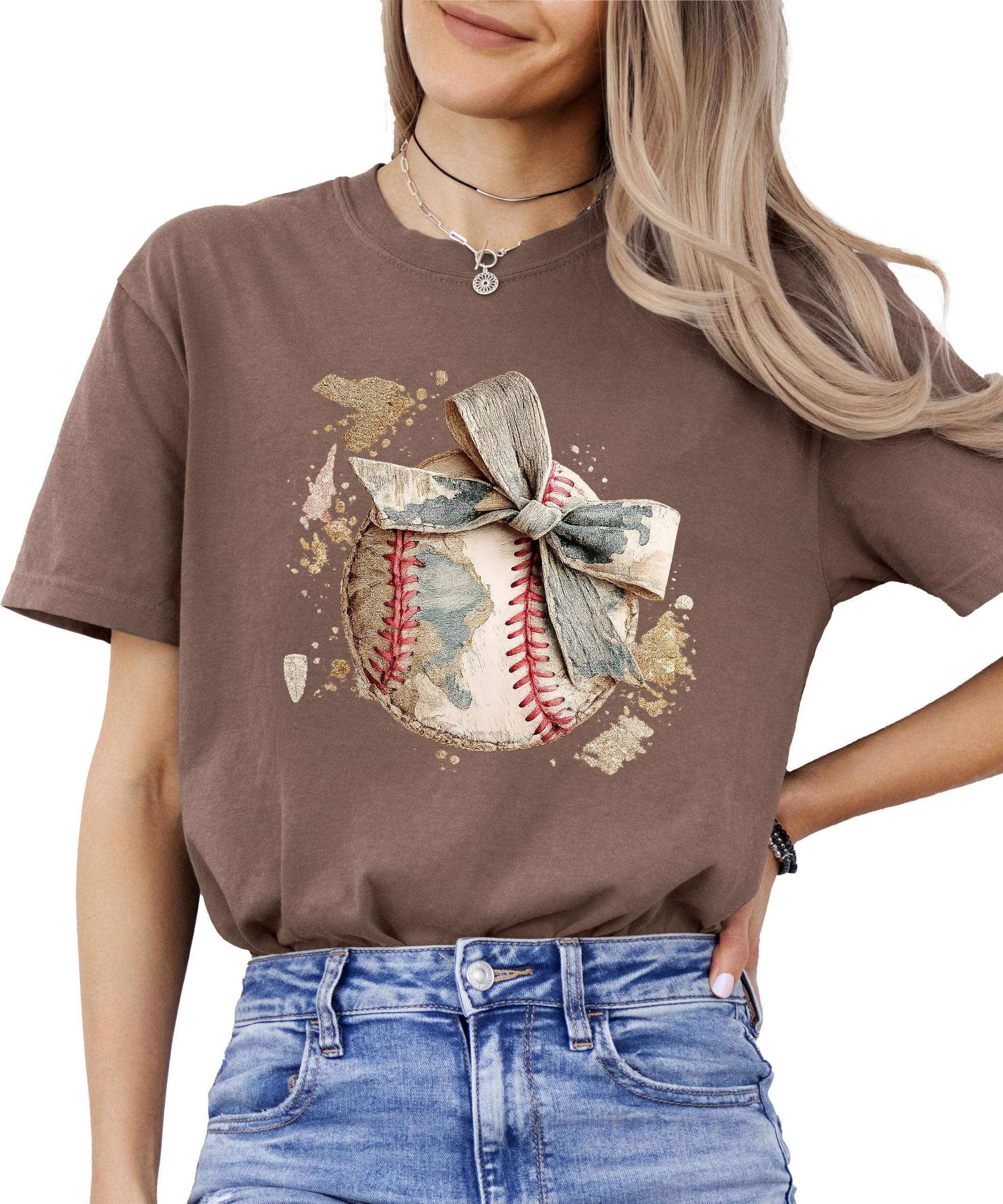 Cute Baseball Bow Shirt for Women - Coquette Game Day Tee - Trendy Sports Mom T-Shirt Espresso Shirt Adult Medium