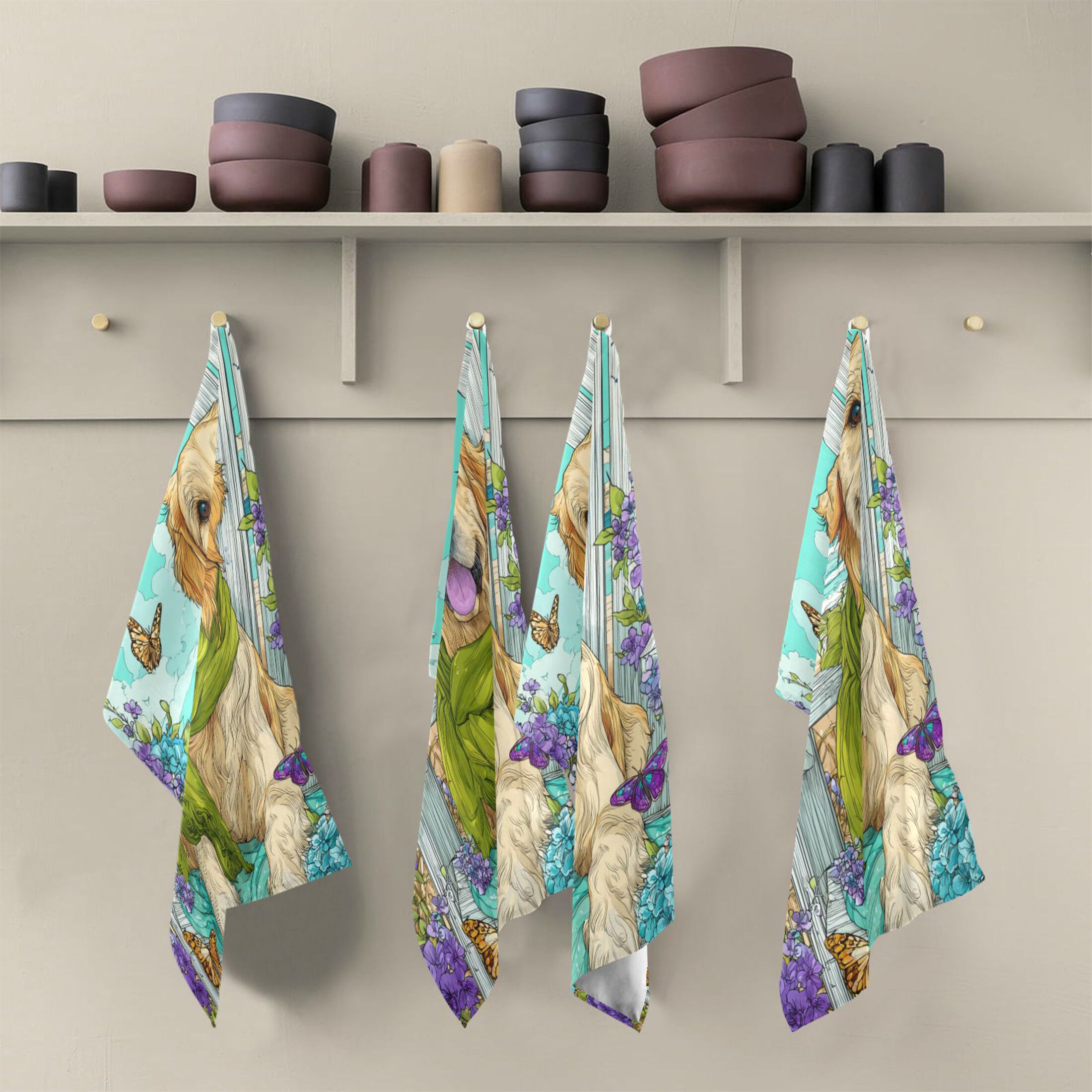 Qxltty Golden Retriever Kitchen Towels 28 x 18 Inch Set of 6 Soft Cotton Linen Feel Dish Towels with Hanging Loop for Drying, Cleaning & Decor