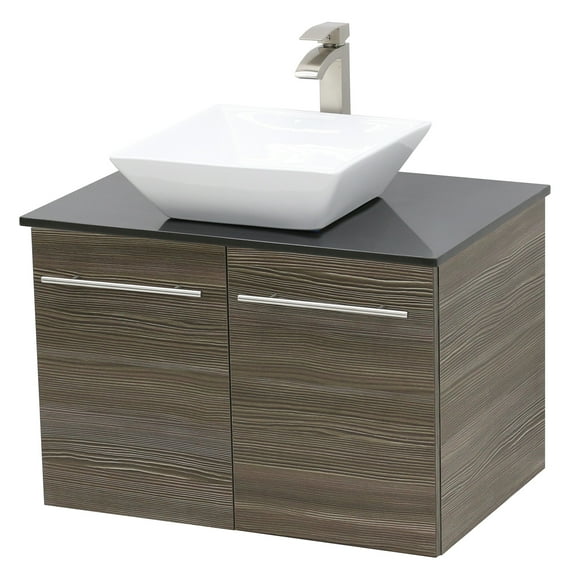 WindBay Wall Mount Floating Bathroom Vanity Sink Set. Taupe Vanity, Black Flat Stone Countertop Ceramic Sink - 36"