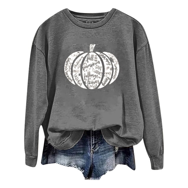 Arlun,Halloween Chandails en Molleton Citrouille 2025 Mode Automne Femmes Grande Taille Chandails à Lettres Imprimées Hauts Coupe Ample Confortables Col Rond Manches Longues Vêtements d'Extérieur Hauts Sans Capuche Gris P