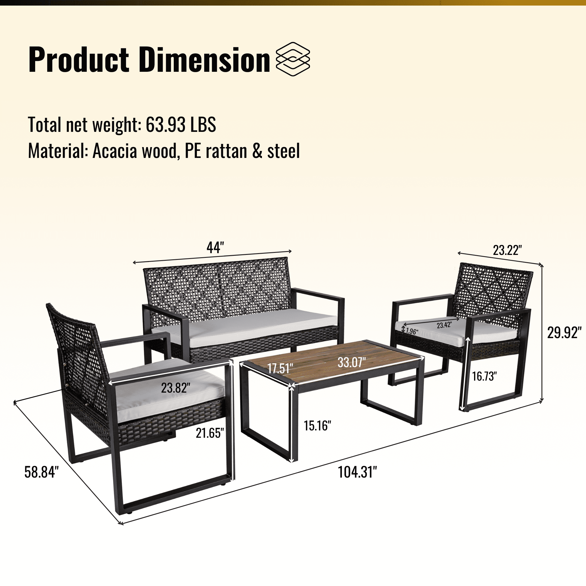 Aimee Lii 4-Piece Patio Furniture Set for Outdoor Balcony Porch Garden Backyard Lawn, Acacia Wood Table Top, Beige Cushion Aimee Lii 4-Piece Patio Furniture Set for Outdoor Balcony Porch Garden Backyard Lawn, Acacia Wood Table Top, Beige Cushion