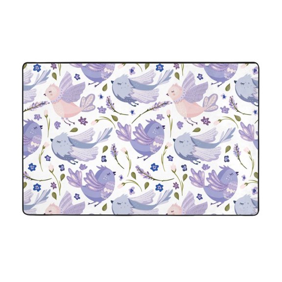 Area Rugs For Living Room Decor - Lavender Flowers Bird Purple Anti Slip Throw Washable Rugs 3x5 For Bedroom, Soft Indoor Carpet For Bedroom Living Room 60x39In