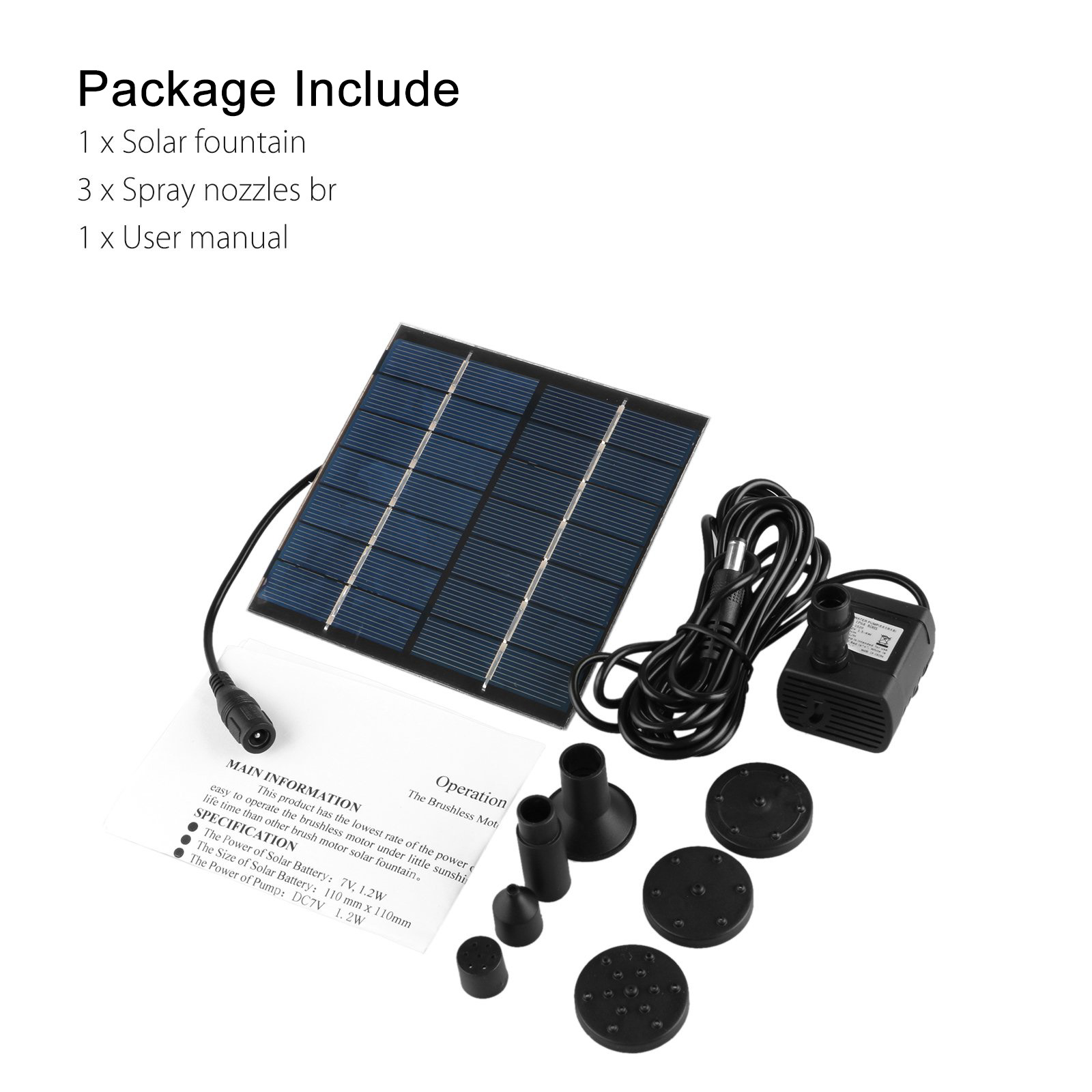 EEEkit 1.2W Solar Fountain, Submersible Water Pump for Bird Bath, Solar Panel Kit for Outdoor Pond, Patio, Garden, 4 Types Sprinkler Heads with Different Water Flows and Water Heights - image 3 of 10