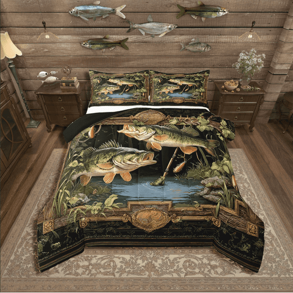 Manfei Bass Fish 2pcs Bedding Comforter Set,Green Brown Twin Comforter Sets,Fishing Hunting Bedding Set,Ultra Soft Teenagers Bedroom Decor,Reversible