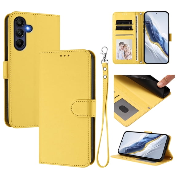 Allytechgroup for Samsung Galaxy A17 5G Flip Case, Slim Fit Shockproof Cover with Credit Card Slot, RFID Blocking Card Pocket Lanyard Shock-Absorbent Protective Bumper for Women Girls, Yellow