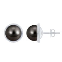 Rosec Jewels Real Tahitian Pearl Solitaire Stud Earrings with Screw Back - 8 mm - AAA Quality, 18K White Gold