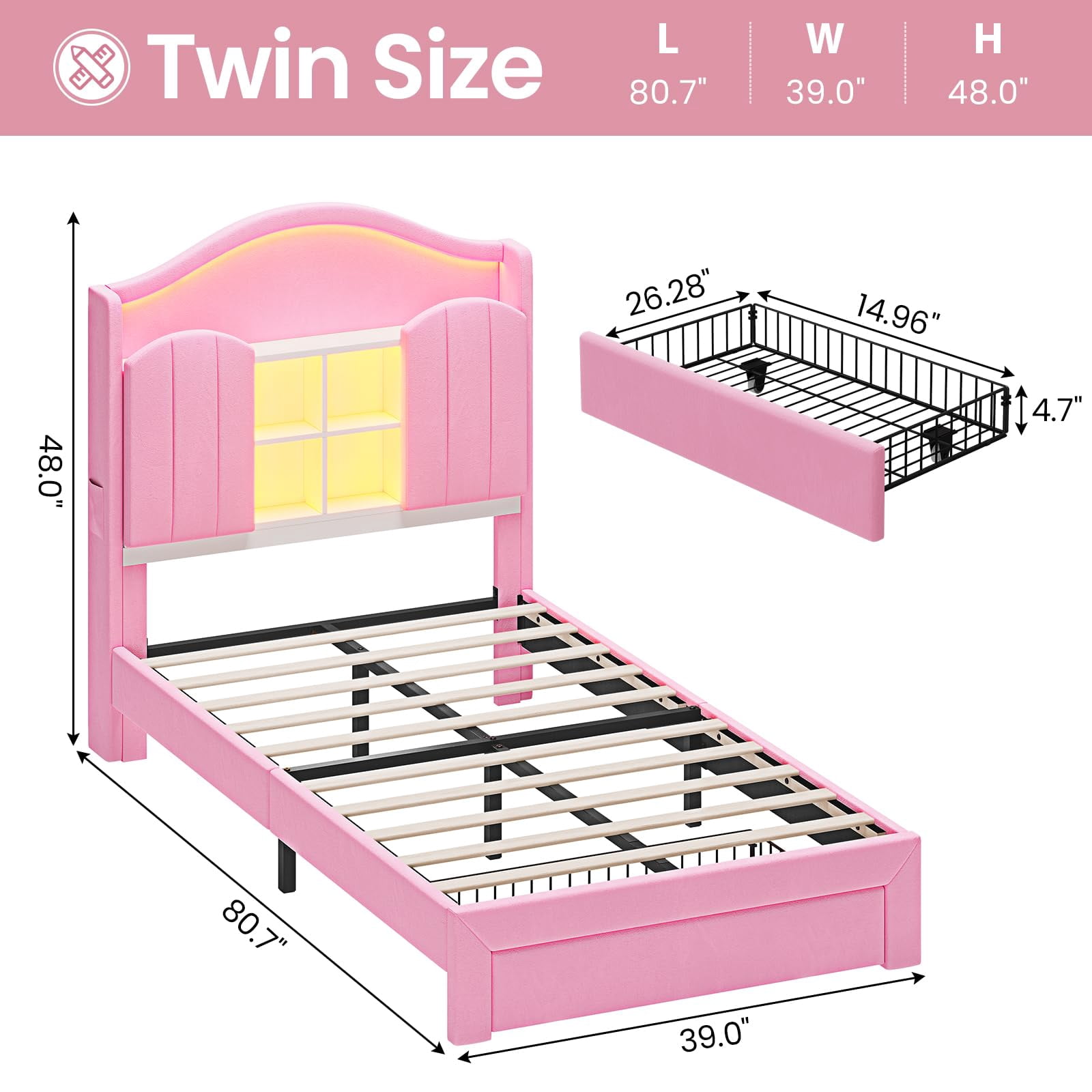 Afuhokles Twin Bed Frame with Drawer and LED Lights and Charging Station, Hidden Storage Headboard Princess Velvet Upholstered Platform Bed with Headboard, Pink