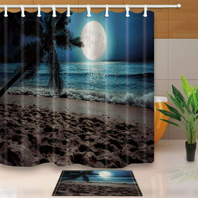 Cortina de Ducha ABPHQTO Sea Decor Gran Luna sobre el Mar 160x180 cm con Felpudo 40x60 cm