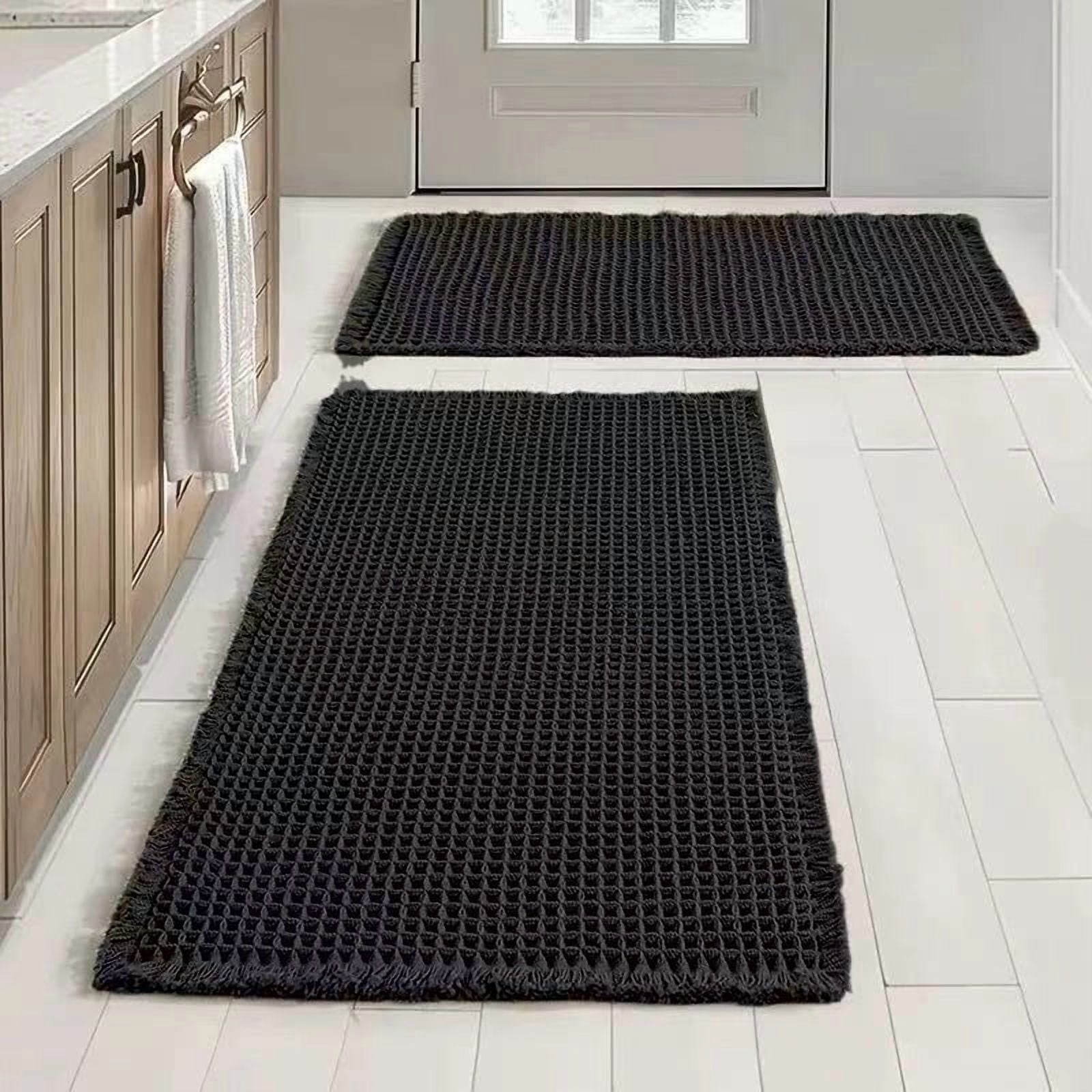 Muddy Rug, Boho Bathroom Decor Rug with Tassels: Waffle Weave Bath Mat, Ultra-Soft, Non-Slip, Super Absorbent & Quick Dry for Bathroom Floor, Machine Washable, 24"x72", Black