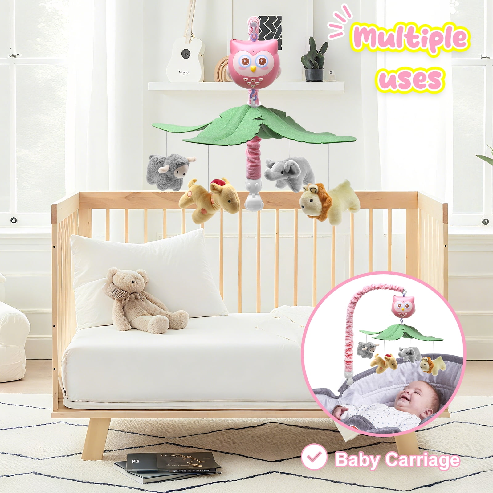 SUMWE Baby Crib Mobile with Music and Lights for Boys Musical Mobile Animals for Crib Bassinet Girls Toys Hanging Portable Safari Nursery Decor Pink