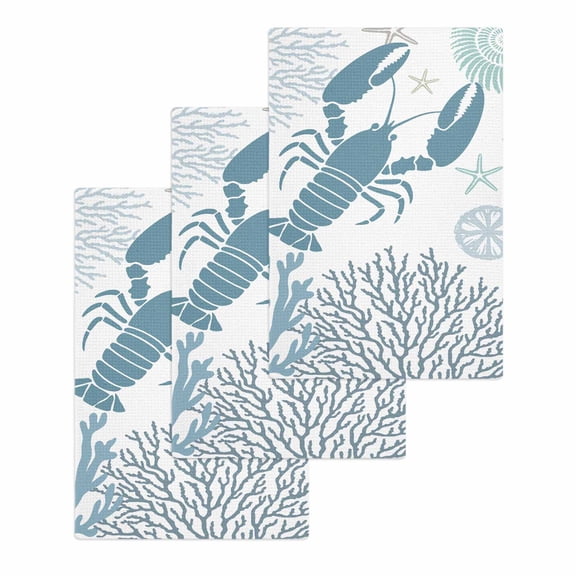 Teal Blue Coastal Kitchen Dish Towels for Drying Dishes Set of 3, Summer Lobster Coral Nautical Waffle Weave Microfiber Hand Tea Bathroom Towels Quick Dry & Absorbent Towel 15.7x23.6