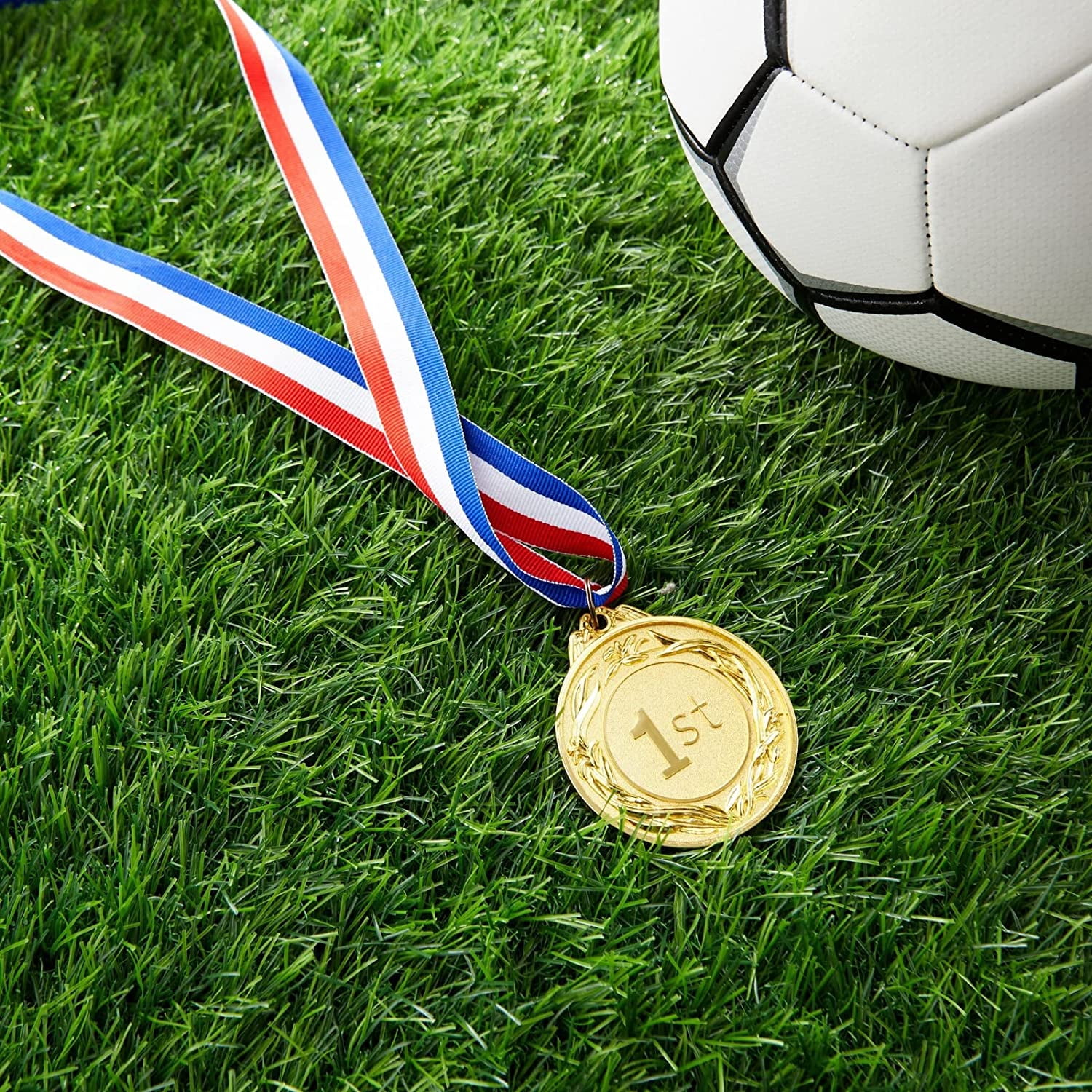Lot De 6 Médailles D'or Premier Prix - Diamètre 6,4 Cm - Ruban Bleu Blanc Rouge 81 Cm - Pour Compétitions Sportives, Fêtes, Concours - Alliage De Zinc