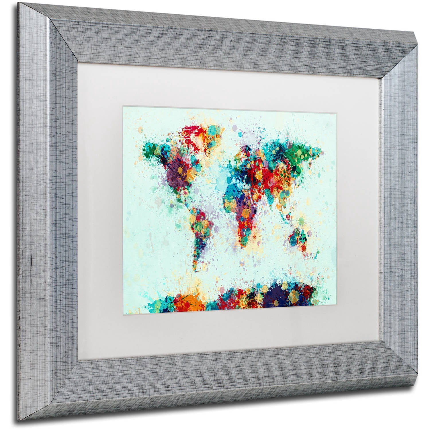 Trademark Fine Art "World Map Paint Splashes" Canvas Art by Michael Tompsett, White Matte, Silver Frame