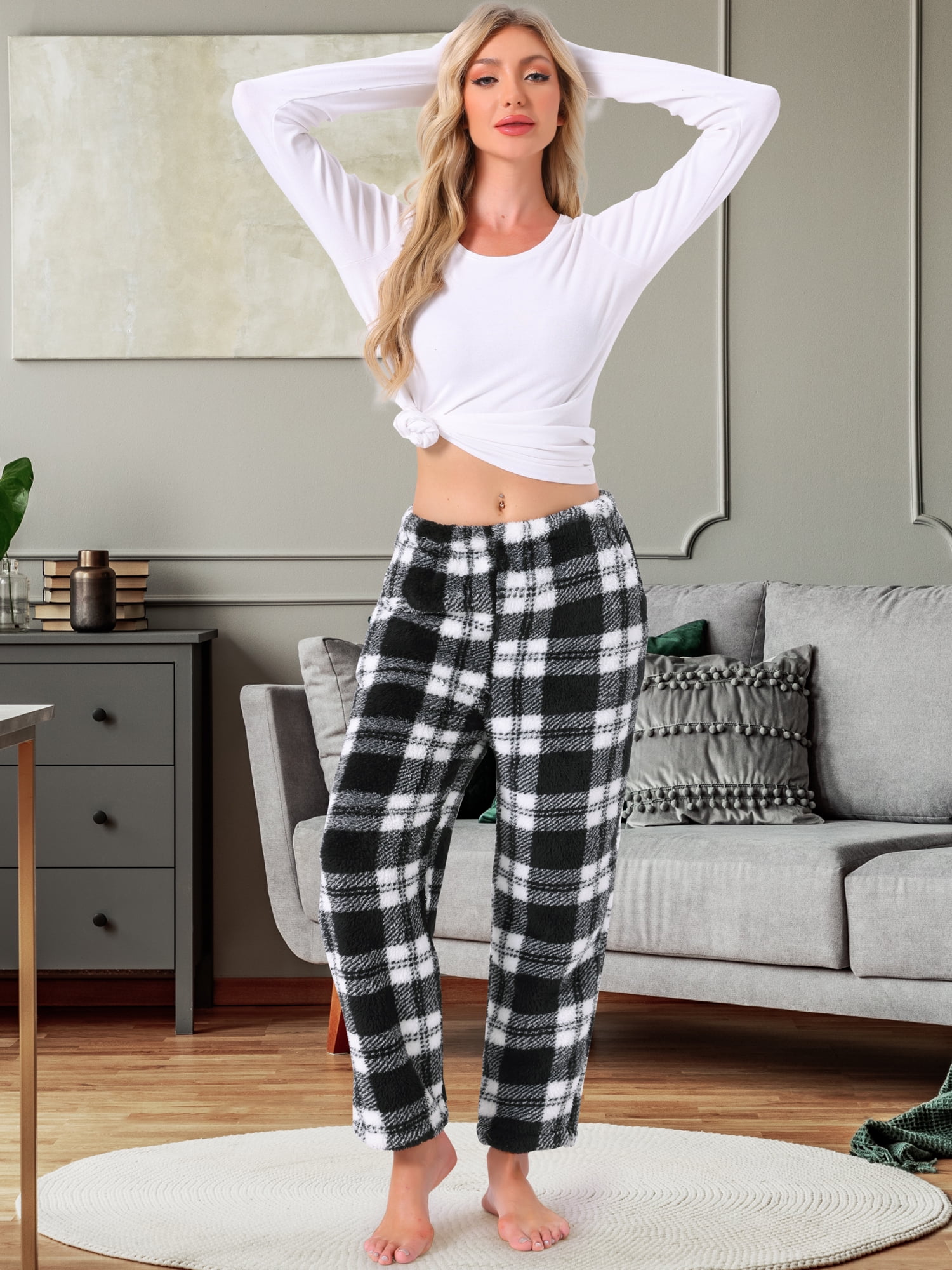 DARING DIVA Women's Fuzzy Fleece Plush Warm Lounge Sleepwear with Pockets L Black
