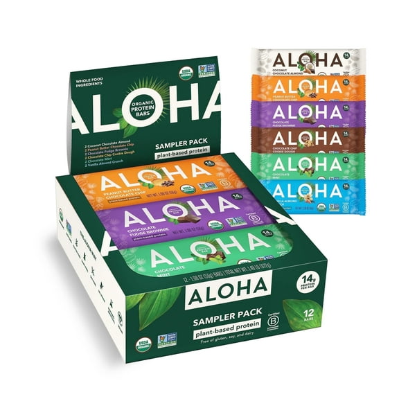 ALOHA Plant Based Protein Bars, 6 Flavor Sampler, 14g Protein (Pack of 12)