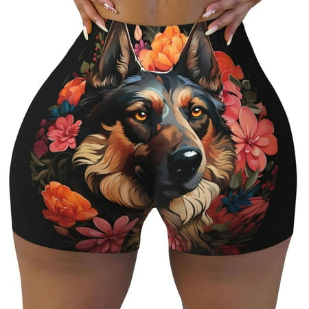 Workout Shorts Women  Colorful Flower German Shepherd Biker Shorts for Women Running Gym Spandex Shorts Tummy Control