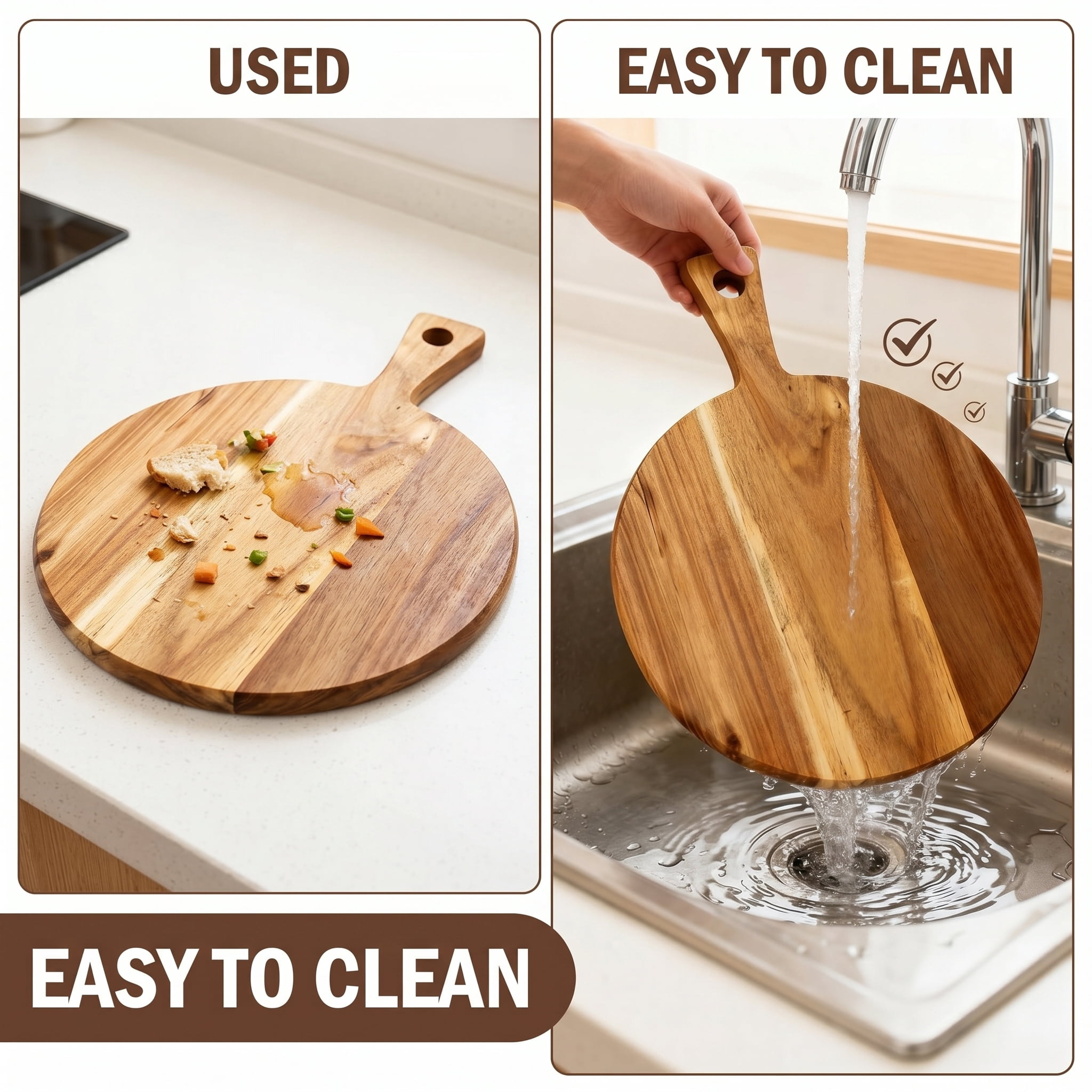 Acacia Wood Charcuterie Board, 12 Inch Round Tray with Handle, Multipurpose Acacia Wood Cutting Board for Cheese, Bread, Meat and Pizza Serving