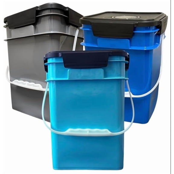 4 Gallon Square Food Grade Bucket Pail with Plastic Handles and Lid (Pack of 3) Made in USA containers - 3 colors