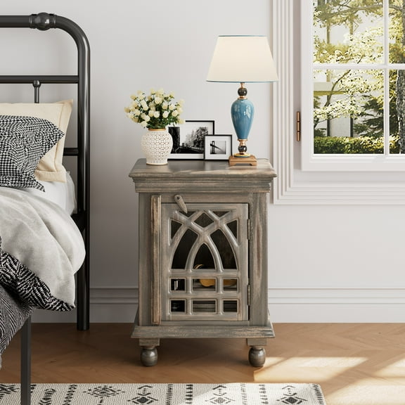 Antique Grey Wood Nightstand