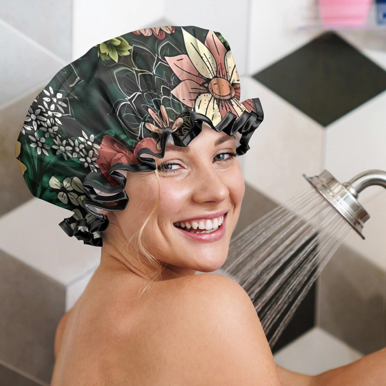Shower Caps,Pioneer Flower Floral Print Pattern Waterproof Shower Cap for Women 4 Pieces,Double Reusable Hair Cover for Shower PEVA Elastic Stretch Hem