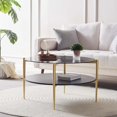 thumbnail image 3 of Rectangle Coffee Table Mid-Century Modern Design L W x H for Living Room - Structure Amber Glass Top and Walnut MDF Shelf Sleek Conical Metal Legs with Gold Finish, 3 of 9