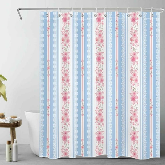 HVEST Pink Floral Striped Shower Curtain with Blue Vertical Striped Pastel Flower Design - Pink and Blue Bathroom Decor, Waterproof Polyester Fabric, Includes 10 Hooks, 60x72 Inches