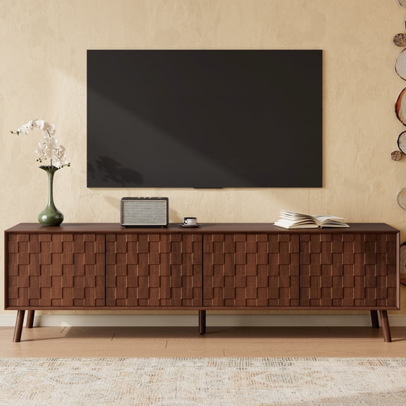 70-Inch Modern TV Stand, TV Stand for TVs up to 80" Media Console with Rattan Doors, Entertainment Center with Solid Wood Legs, Soft Closing Hinges, Modern TV Cabinet for Living Room, Bedroom