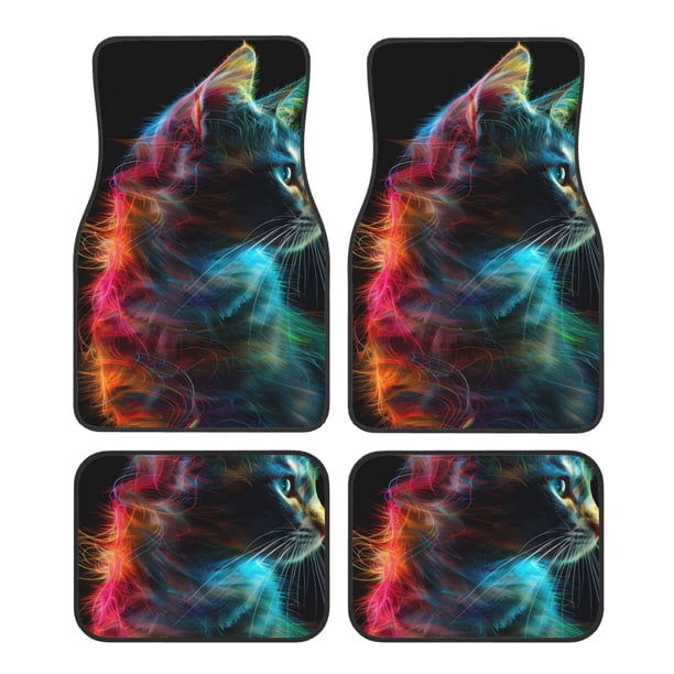 Balery Neon Spectrum Cat Portrait Juego de 4 Alfombrillas para Auto, Revestimientos de Caucho Resistente, Diseño Antideslizante