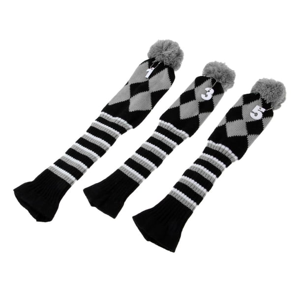 Juego de 3 fundas tejidas Cola Pom Pom Headcover para palos de golf Driver Wood Fairway gris