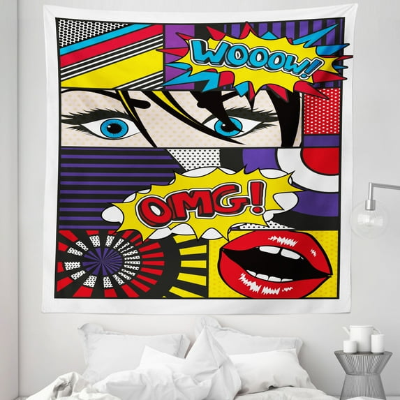 Art Tapestry, Comic Book Inspired Style Wooow Omg Eyes Reading Panels Lines Excitement Action Print, Fabric Wall Hanging Decor for Bedroom Living Room Dorm, 5 Sizes, Multicolor, by Ambesonne