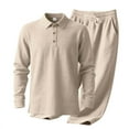 thumbnail image 2 of Yievot Men's Linen Beach Outfit 2 Piece Long Sleeve Polo Shirts and Pants Vacation Sets for Men, 2 of 6