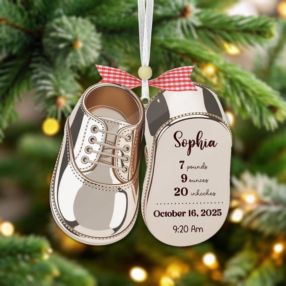 Newborn Christmas Ornament Baby Shower Gift Baby’s First Christmas Acrylic Decor Personalized 2D Baby Shoe Ornament Birth Stats Keepsake