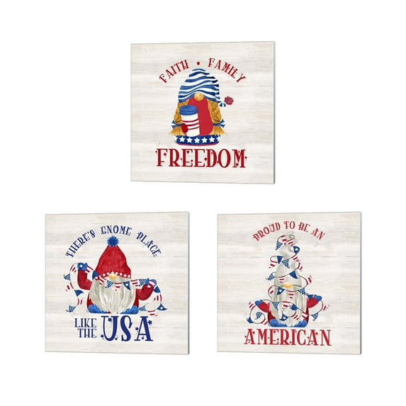 Great Art Now Patriotic Gnomes by Tara Reed 3 Piece Canvas Art Set Each 14"W x 14"H