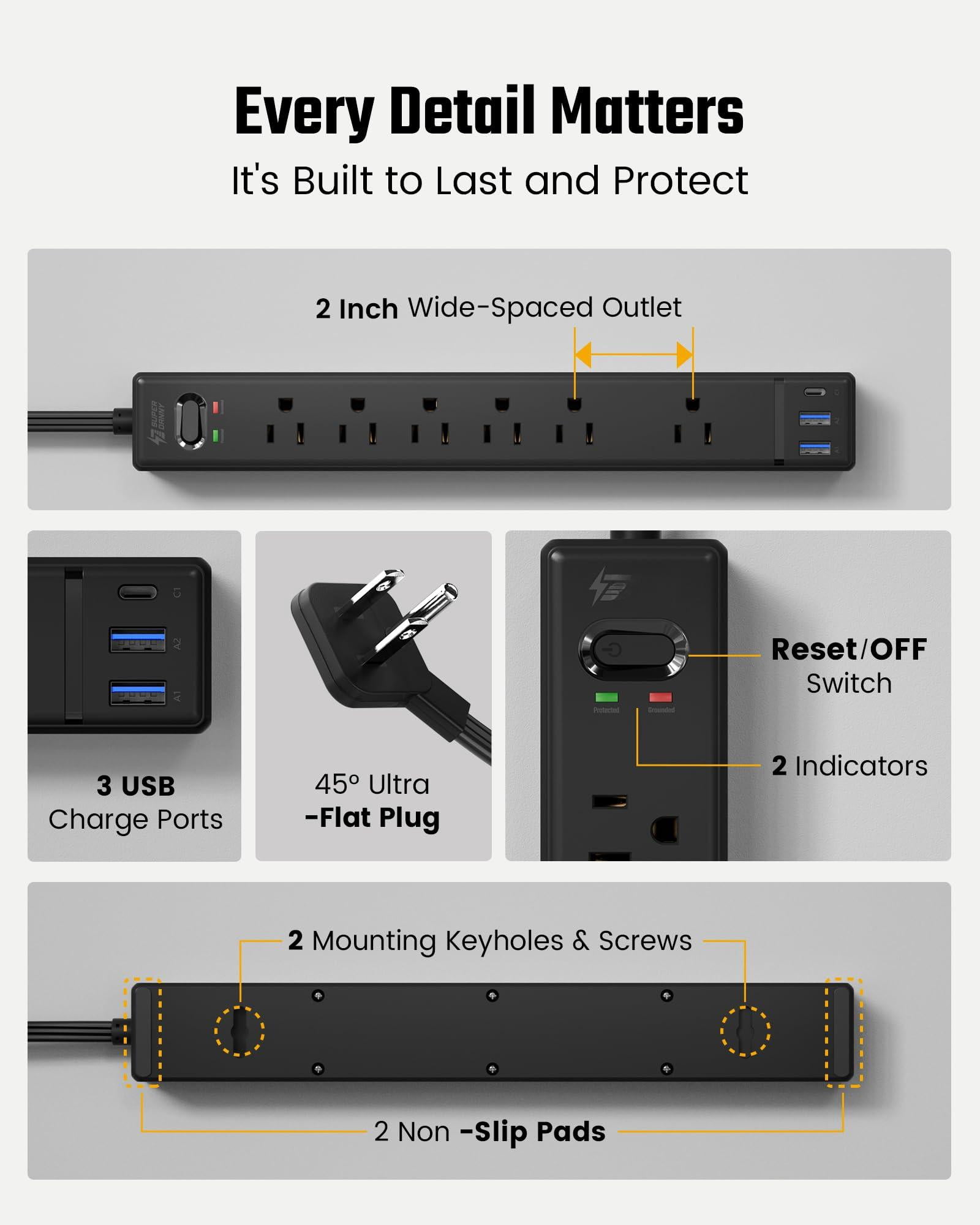 10ft Extension Cord With Multiple Outlets  Flat Plug Surge Protector Power Strip 3 Usb Ports & 6 10 Ft Long Black Charging Station For Home Office Dorm Room