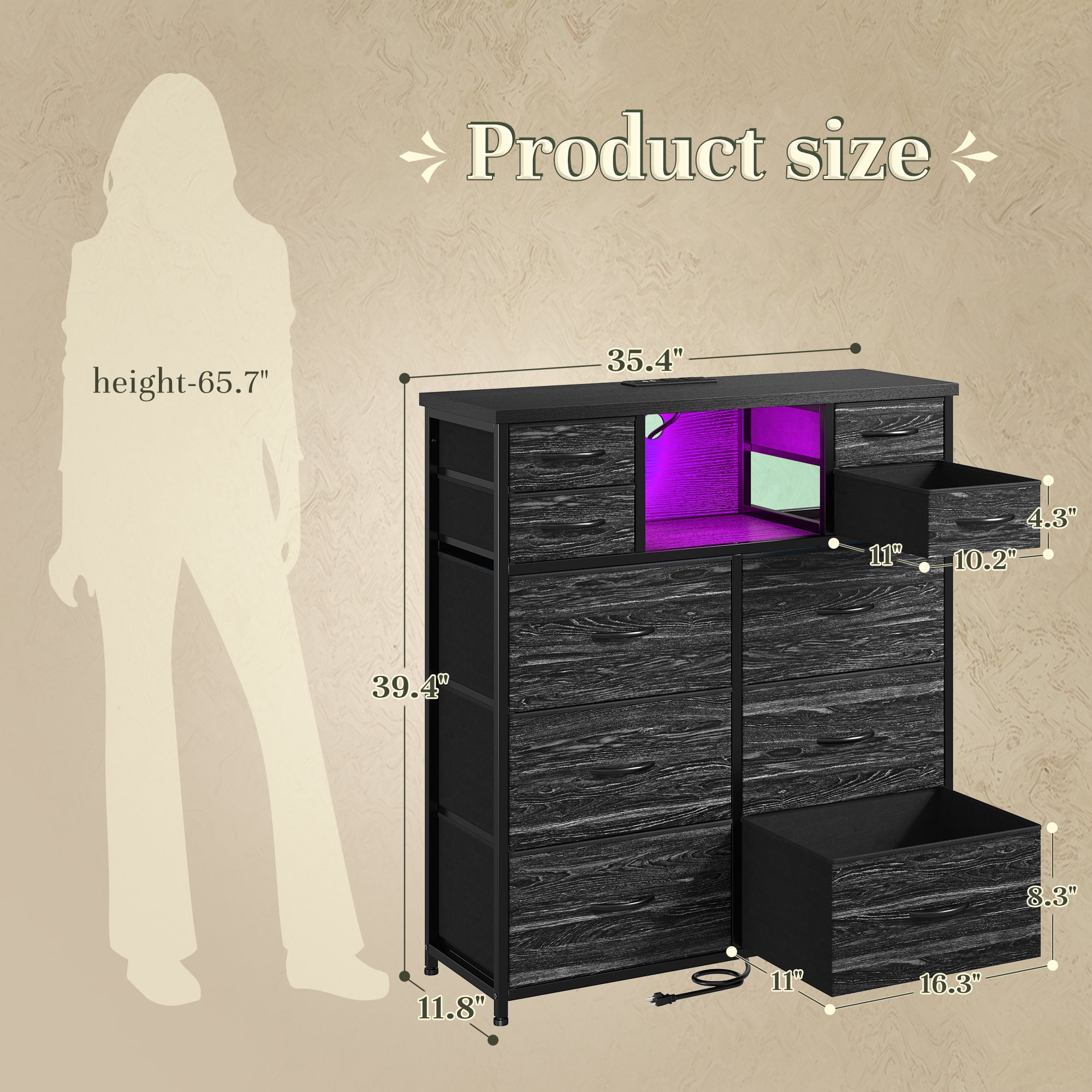 Enhomee Black Dresser for Bedroom with LED Lights & Charging Station Tall Chest of 10 Fabric Drawers with Storage Shelves