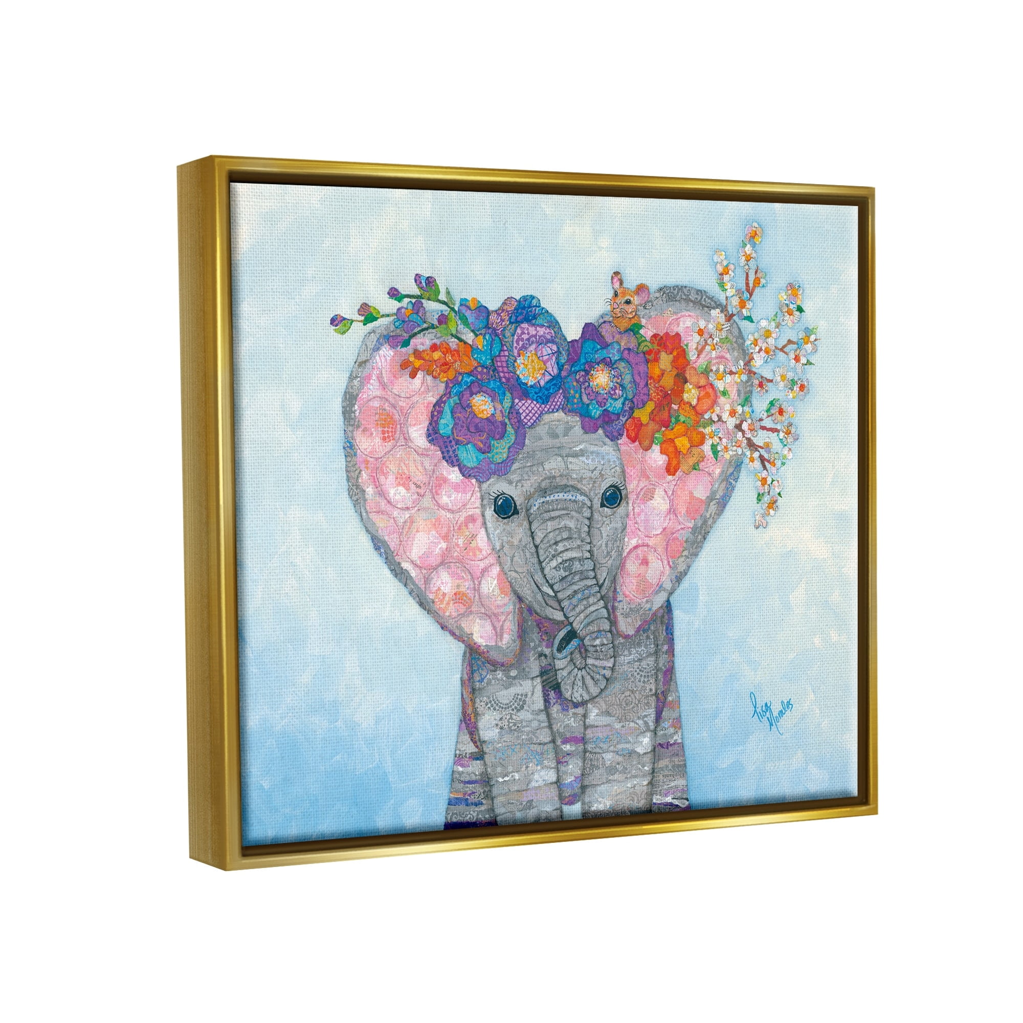 Stupell Industries Baby Elephant & Mouse Decorated Flower Blossoms Collage Painting Metallic Gold Floating Framed Canvas Print Wall Art, Design by Lisa Morales