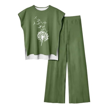 Besolor Ensemble 2 Pcs Grande Taille pour Femmes Hauts Sans Manches à Col Rond Imprimés et Pantalons Larges Ensembles de Détente