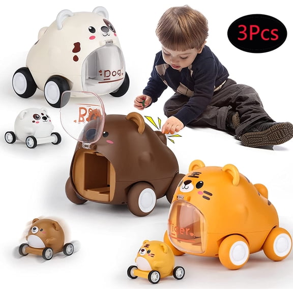 AJZIOJIRO 3Pcs Baby Boys Girls Car Catapul Toys,Fall Resistant Cartoon Car Toys - 3 Animal Model Car Toys